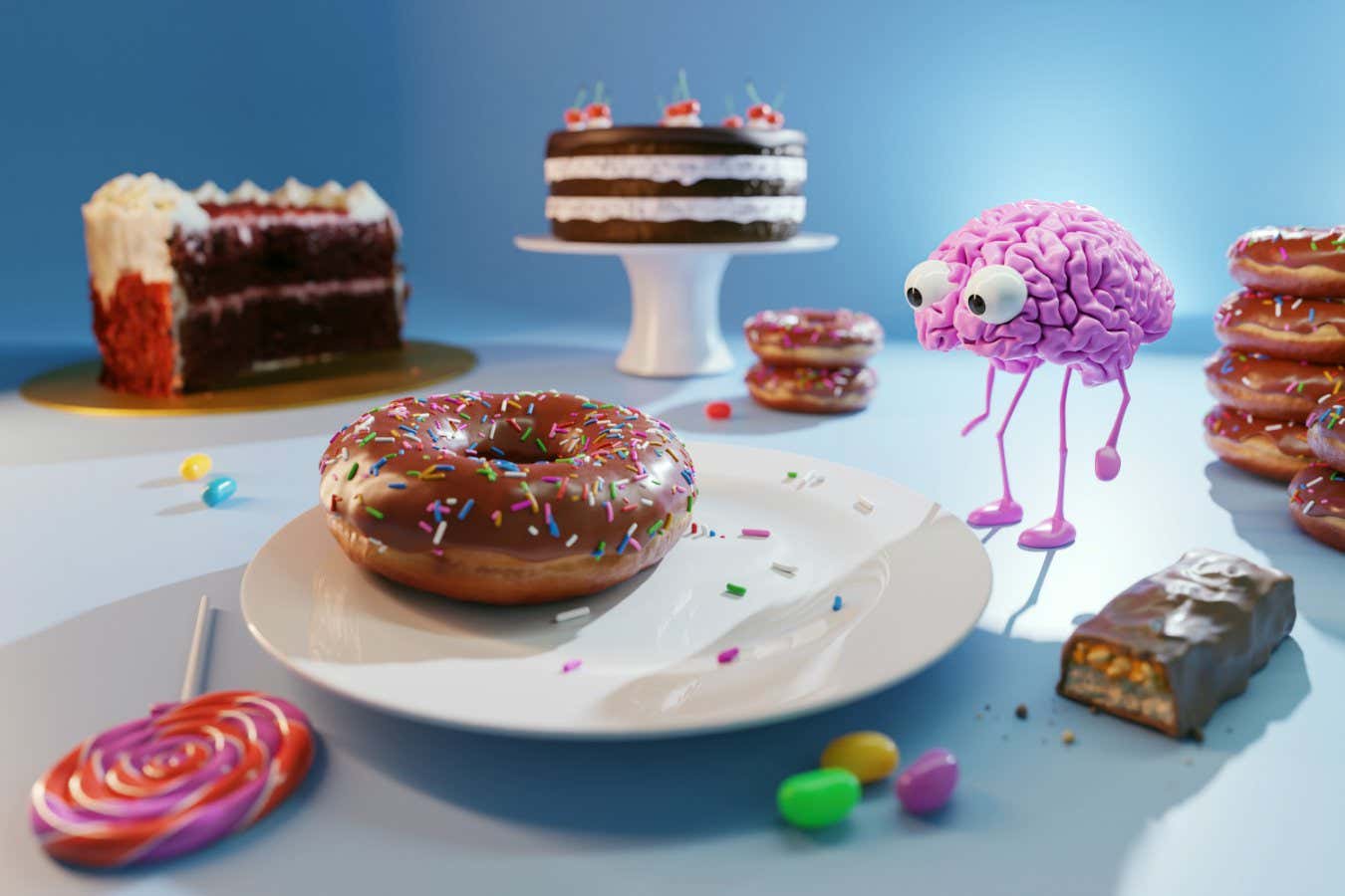 3D illustration of human brain walking between cookies, candies and other junk food. Building addiction on sweets and unhealthy lifestyle concept.