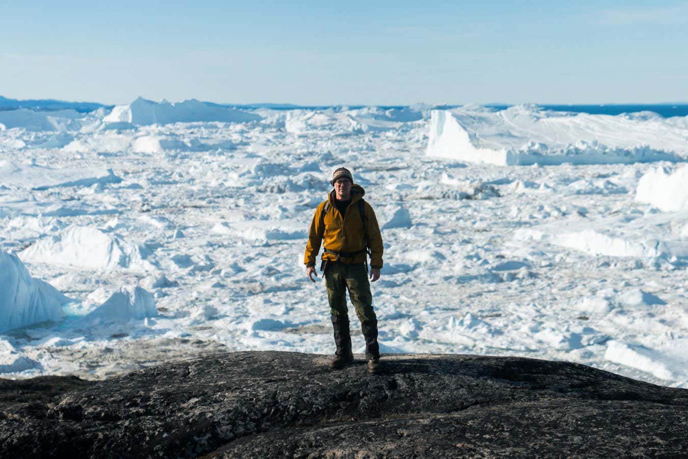 Hunt for the Oldest DNA press picture. Eske Willerslev on fieldwork, Ilulissat Icefjord, Greenland