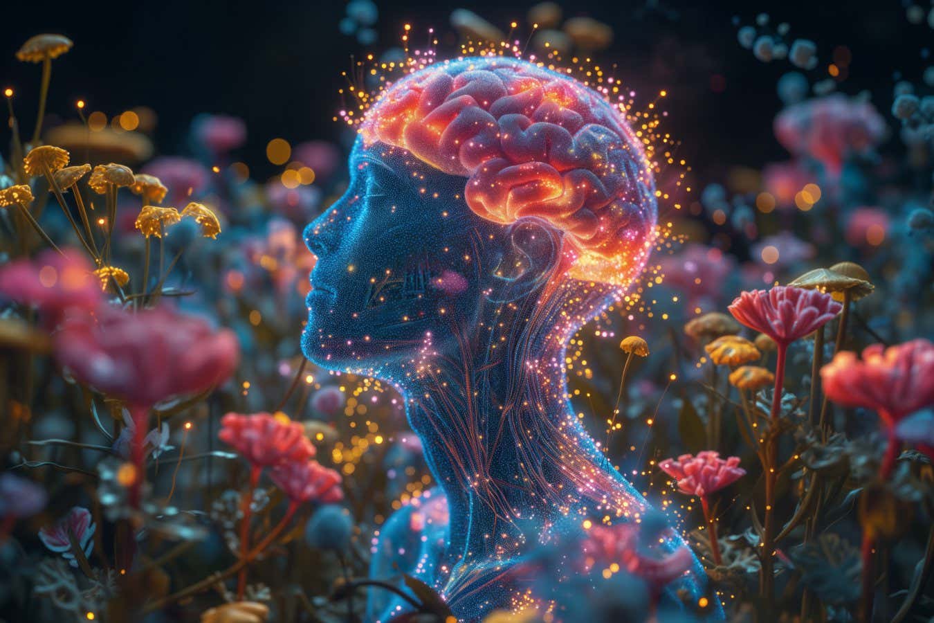 Artificial intelligence concept. Poster, wallpaper, Banner. Human body and brain glowing, 3d rendering. Human mental health, Mental balance, psychedelic trip effect, illusion of mind.