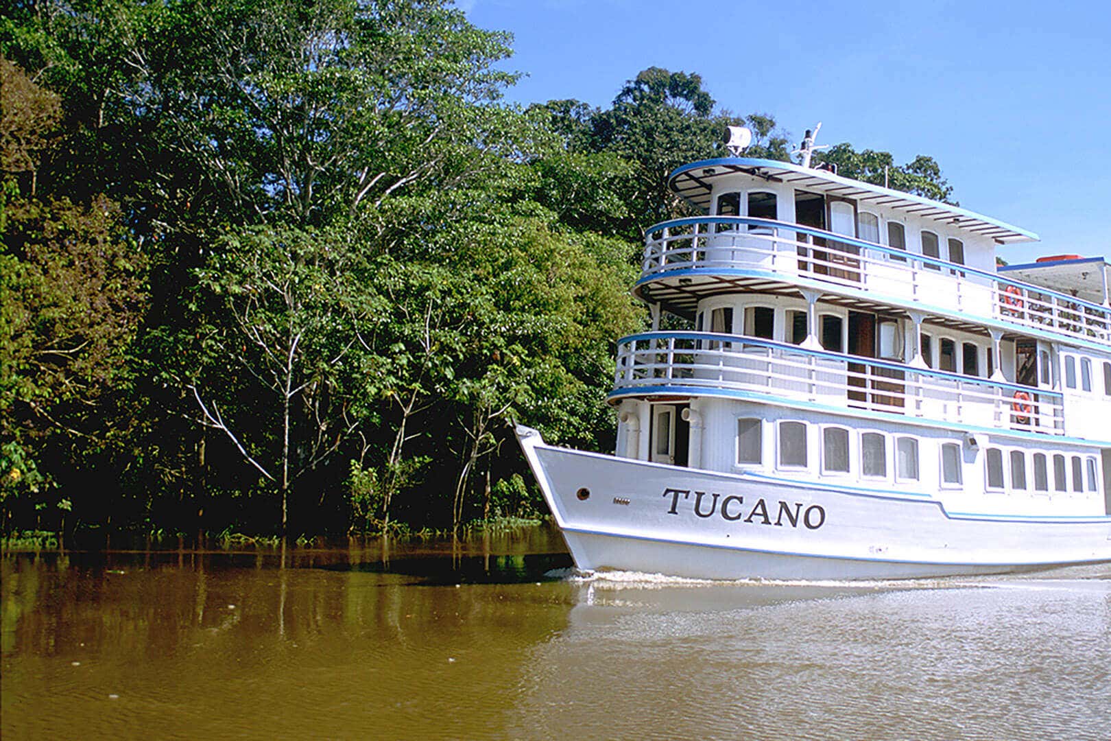 Tucano river boat on the river in the Brazilian Amazon, Brazil